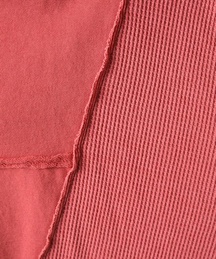 仿舊風格色素水洗衛衣拼接華夫格套頭衫