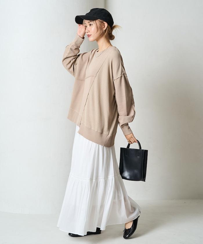 仿舊風格色素水洗衛衣拼接華夫格套頭衫