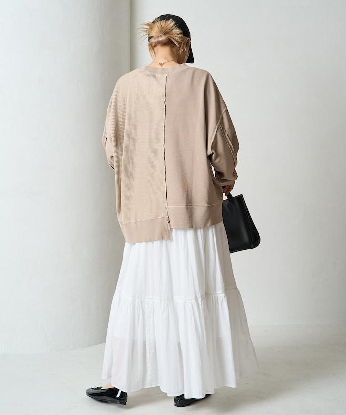 仿舊風格色素水洗衛衣拼接華夫格套頭衫