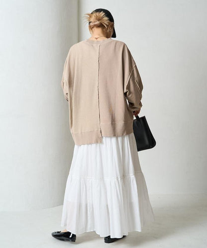 仿舊風格色素水洗衛衣拼接華夫格套頭衫