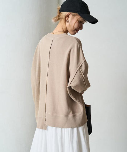 仿舊風格色素水洗衛衣拼接華夫格套頭衫