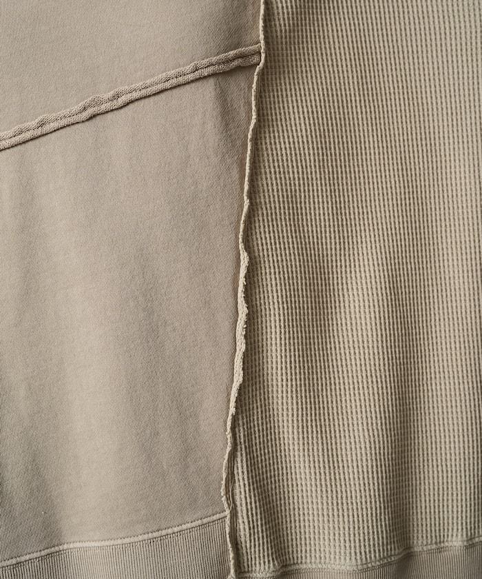 仿舊風格色素水洗衛衣拼接華夫格套頭衫