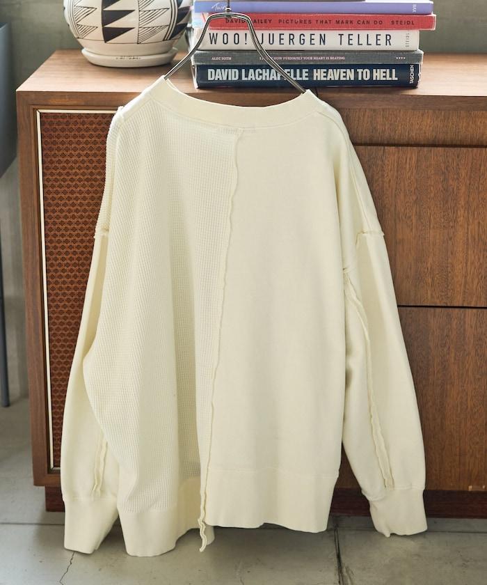 仿舊風格色素水洗衛衣拼接華夫格套頭衫