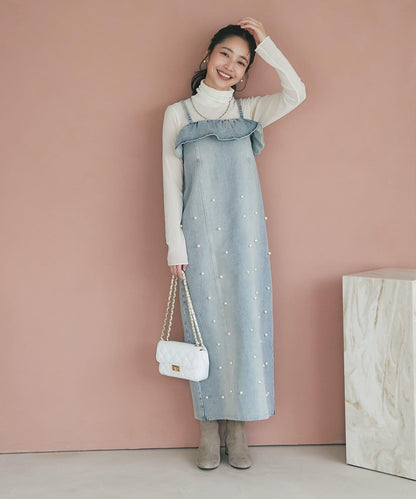 【La boutique BonBon】珍珠裝飾牛仔吊帶連衣裙