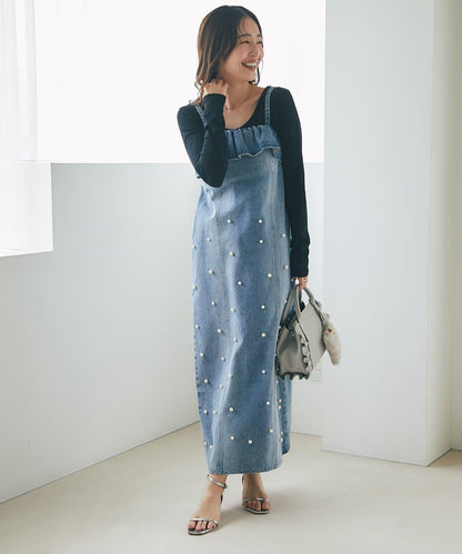 【La boutique BonBon】珍珠裝飾牛仔吊帶連衣裙