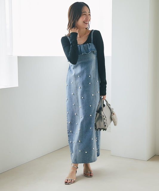 【La boutique BonBon】珍珠裝飾牛仔吊帶連衣裙