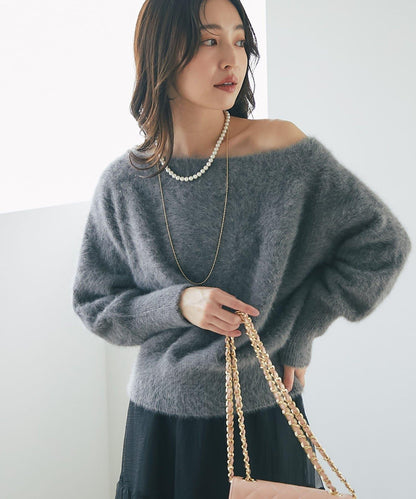 【miki監修】毛絨羊毛羊絨混紡一字肩針織衫