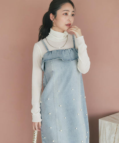 【La boutique BonBon】珍珠裝飾牛仔吊帶連衣裙