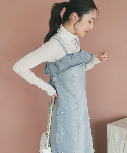 【La boutique BonBon】珍珠裝飾牛仔吊帶連衣裙