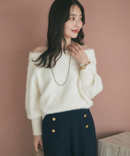 【miki監修】毛絨羊毛羊絨混紡一字肩針織衫