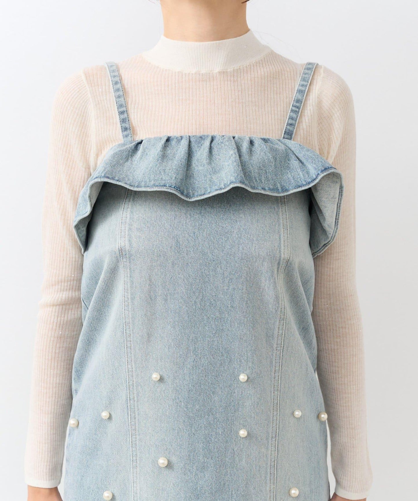 【La boutique BonBon】珍珠裝飾牛仔吊帶連衣裙