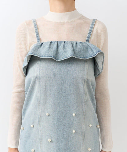 【La boutique BonBon】珍珠裝飾牛仔吊帶連衣裙