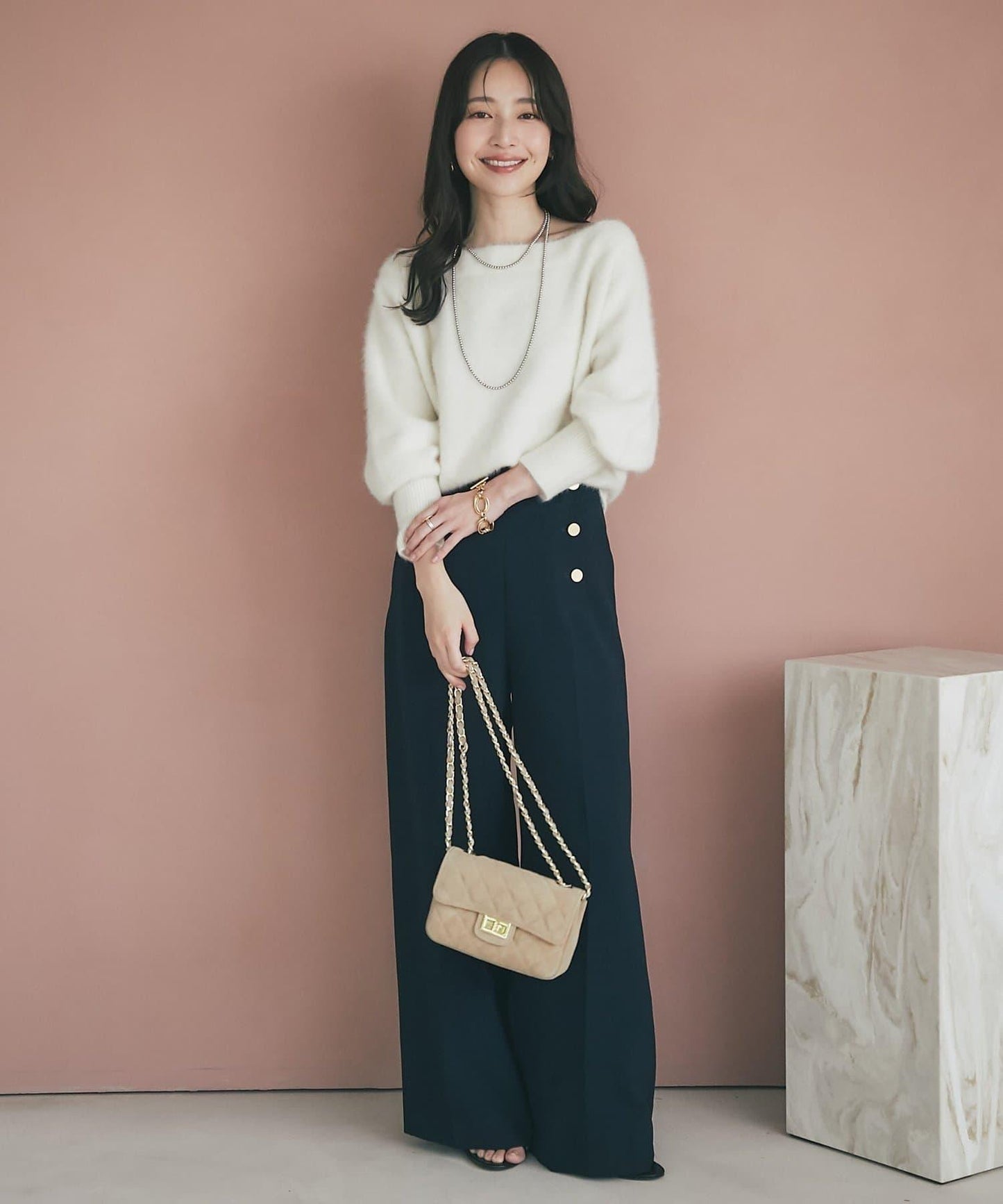 【miki監修】毛絨羊毛羊絨混紡一字肩針織衫