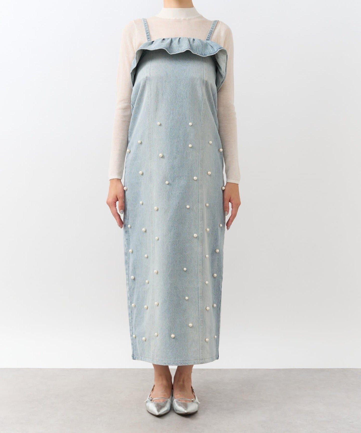 【La boutique BonBon】珍珠裝飾牛仔吊帶連衣裙