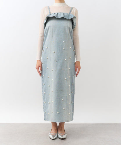 【La boutique BonBon】珍珠裝飾牛仔吊帶連衣裙
