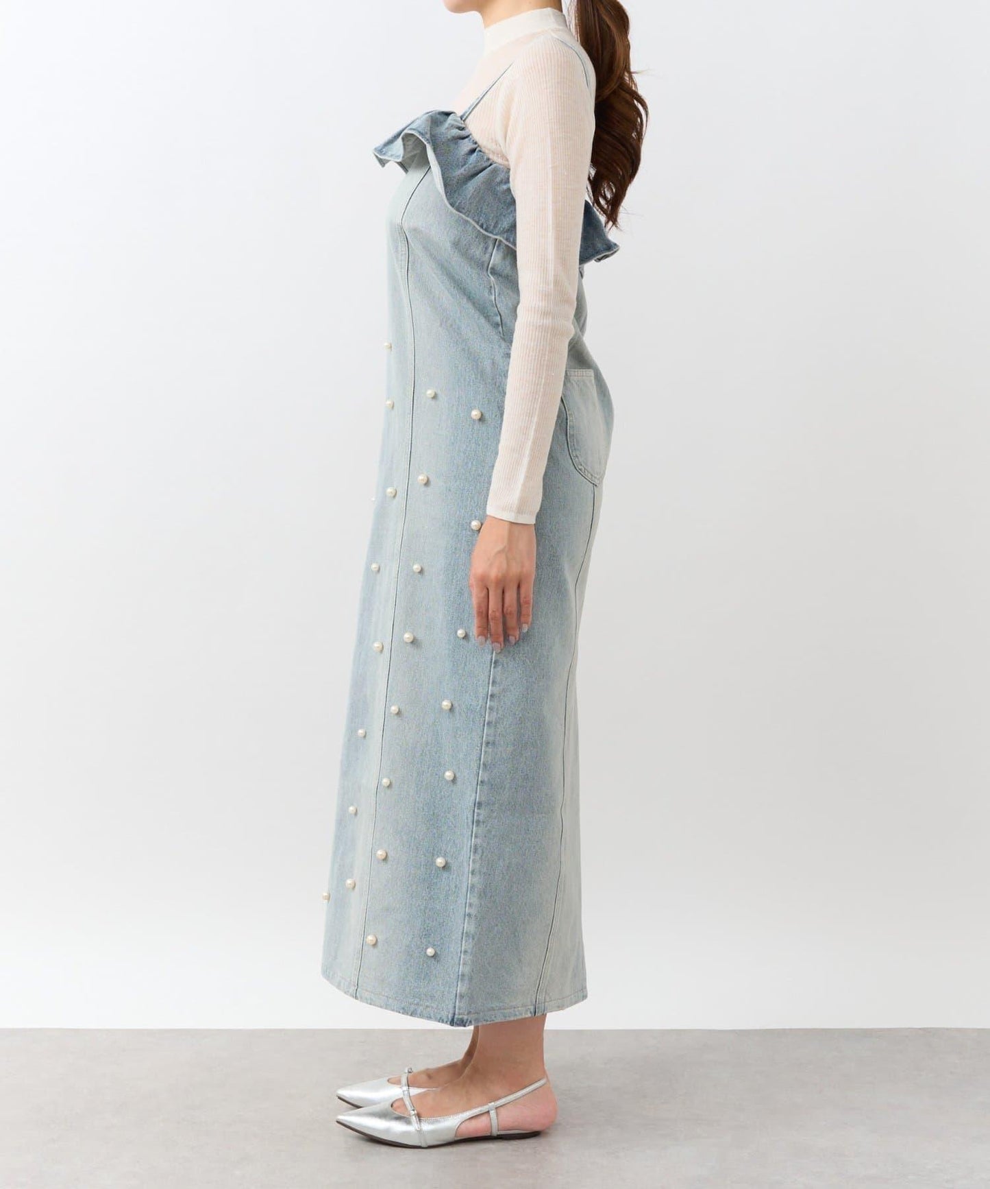 【La boutique BonBon】珍珠裝飾牛仔吊帶連衣裙