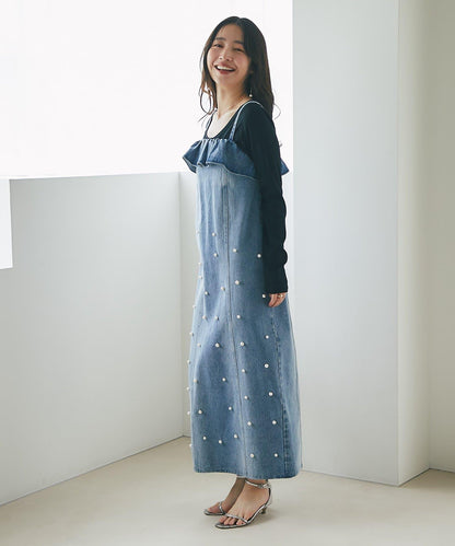【La boutique BonBon】珍珠裝飾牛仔吊帶連衣裙