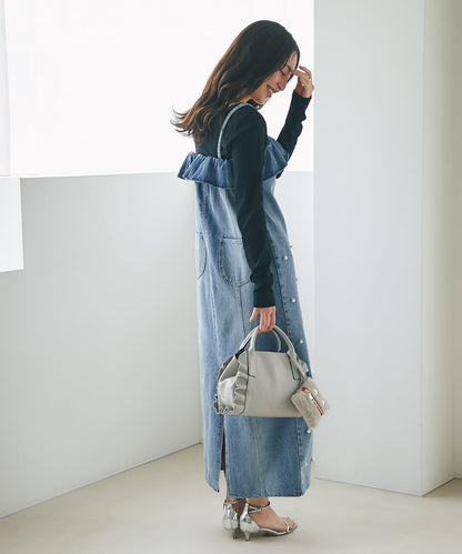 【La boutique BonBon】珍珠裝飾牛仔吊帶連衣裙