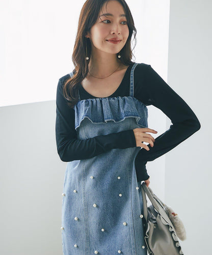 【La boutique BonBon】珍珠裝飾牛仔吊帶連衣裙