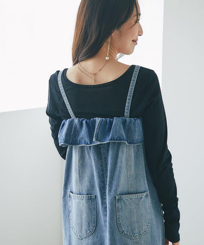 【La boutique BonBon】珍珠裝飾牛仔吊帶連衣裙