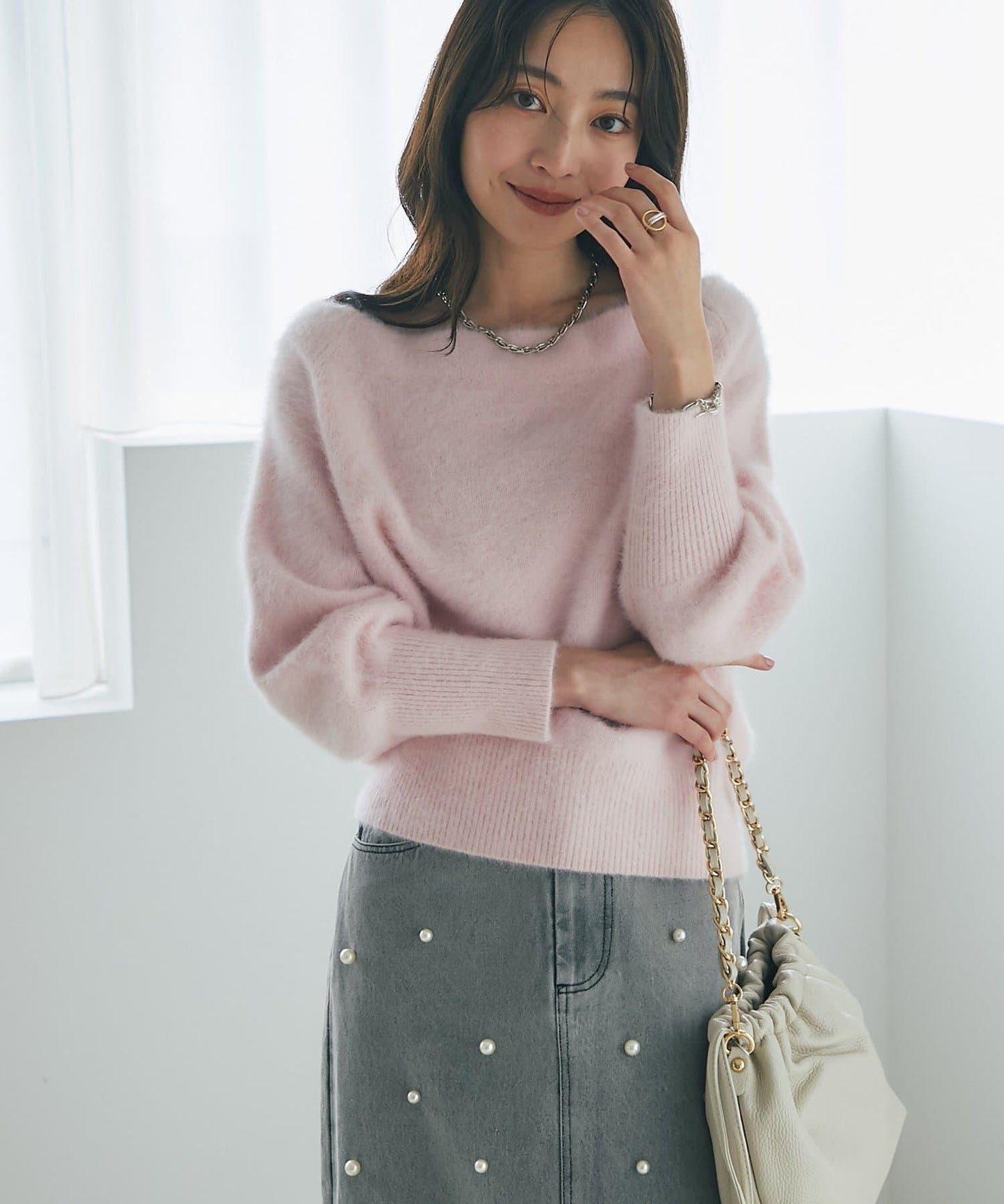 【miki監修】毛絨羊毛羊絨混紡一字肩針織衫