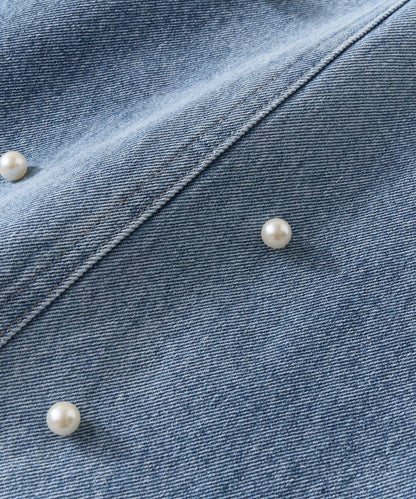 【La boutique BonBon】珍珠裝飾牛仔吊帶連衣裙