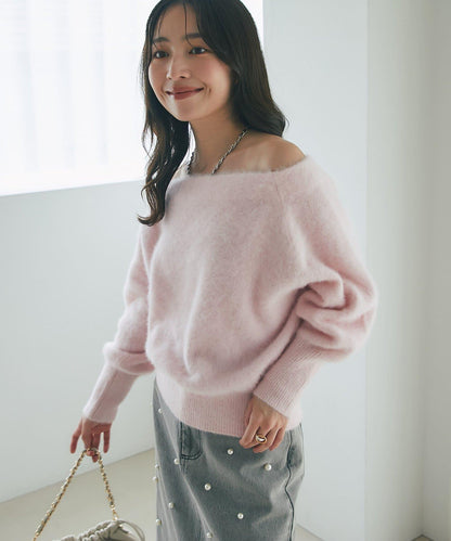【miki監修】毛絨羊毛羊絨混紡一字肩針織衫