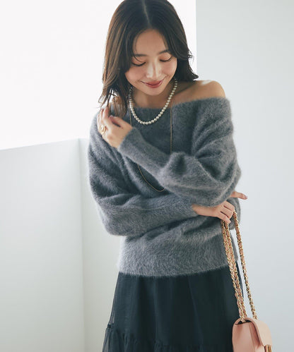 【miki監修】毛絨羊毛羊絨混紡一字肩針織衫