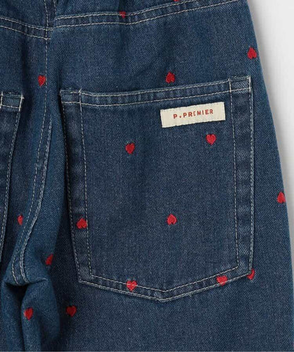 愛心刺繡寬鬆直筒牛仔褲