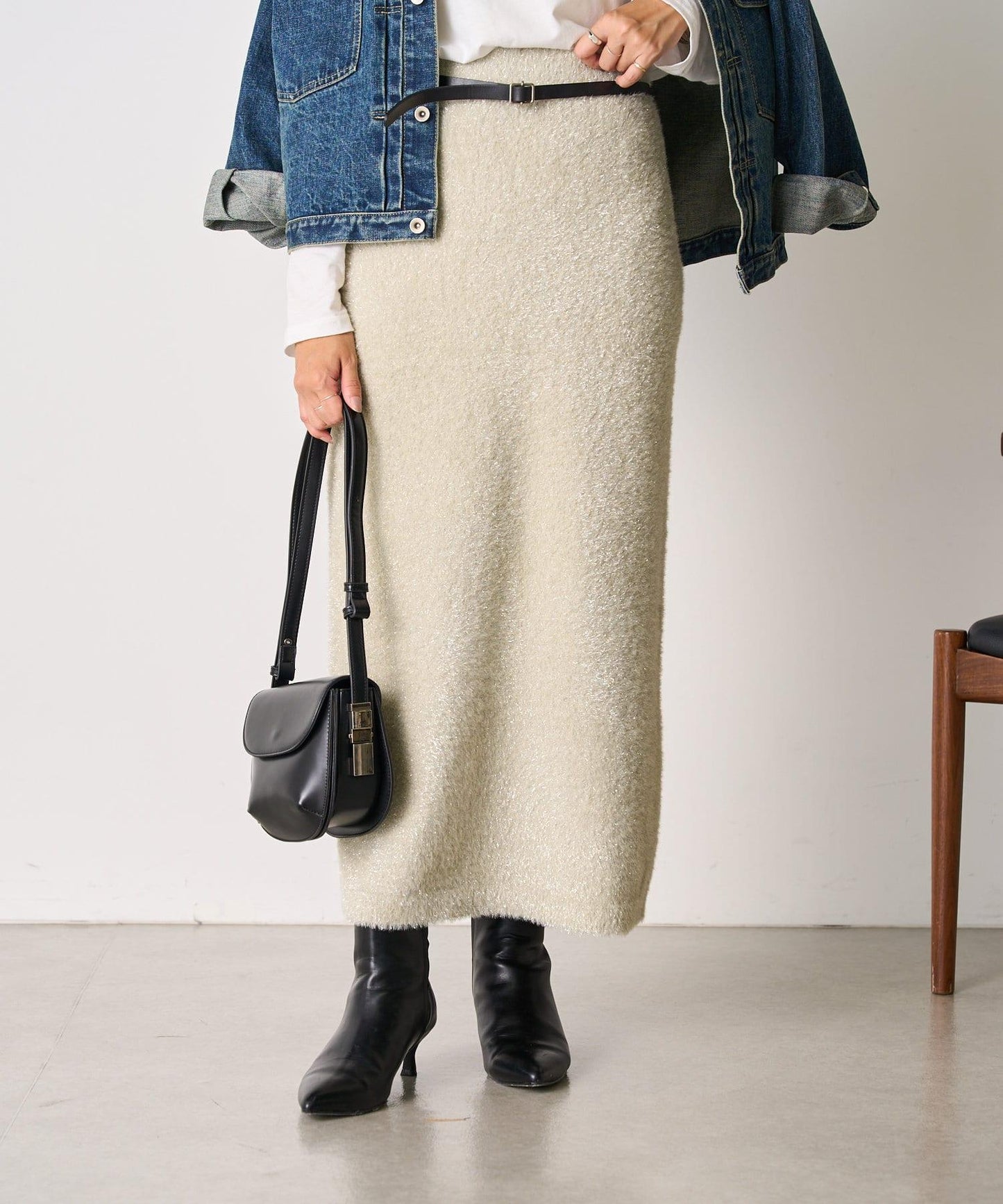 【SHENERY】亮絲長毛修身半身裙