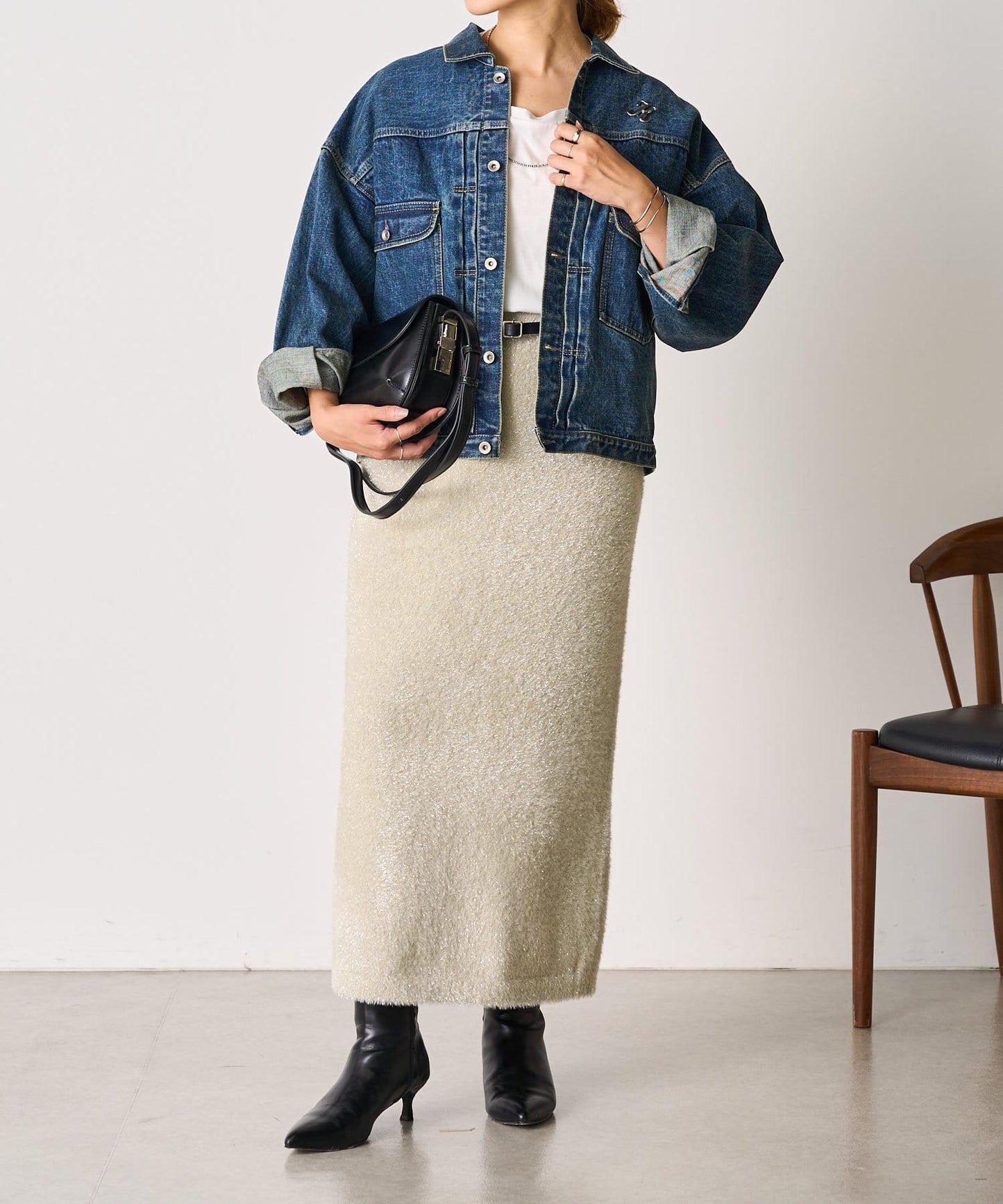 【SHENERY】亮絲長毛修身半身裙