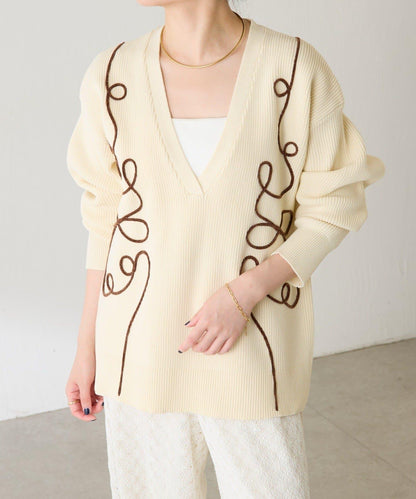 鏤空刺繡深V領針織衫