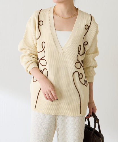 鏤空刺繡深V領針織衫
