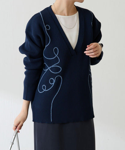 鏤空刺繡深V領針織衫