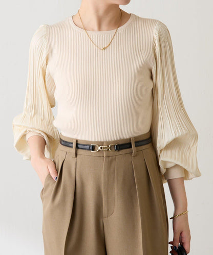 袖部百褶修身針織衫