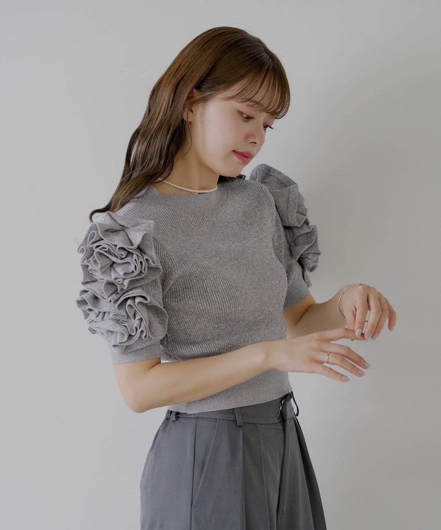 【SALON by Chico】花卉荷葉邊泡泡袖針織衫