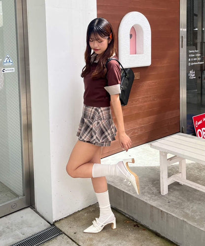 格紋迷你裙褲