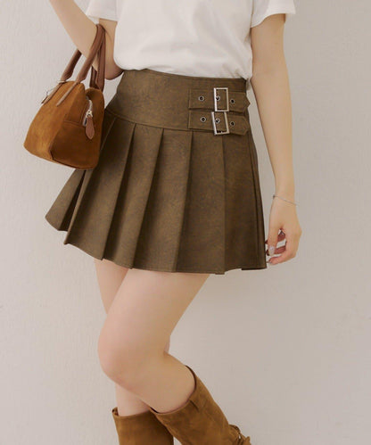 側邊腰帶仿皮迷你裙