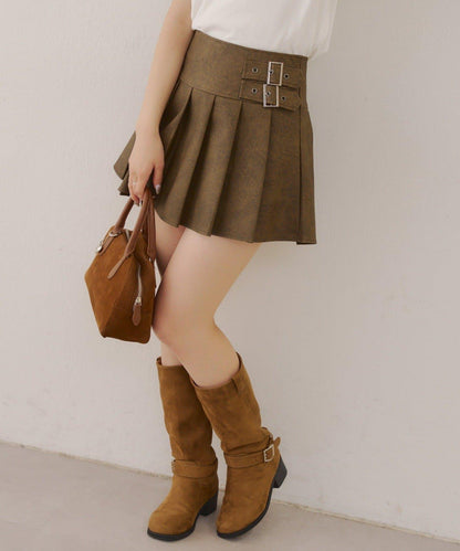 側邊腰帶仿皮迷你裙