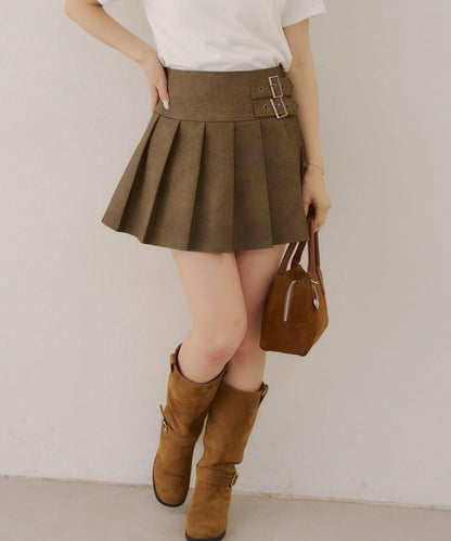 側邊腰帶仿皮迷你裙