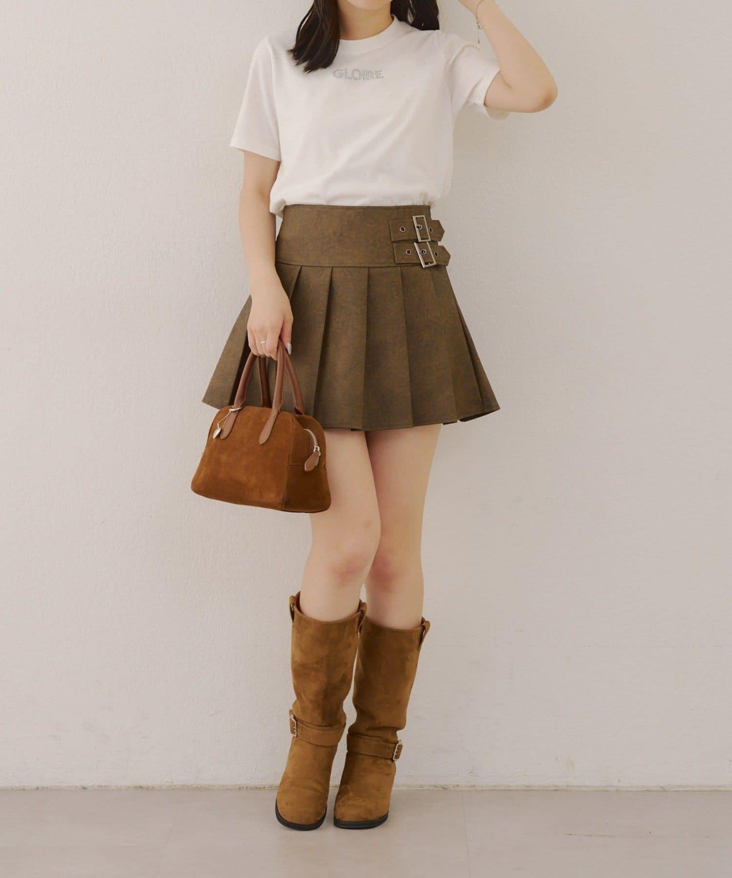 側邊腰帶仿皮迷你裙