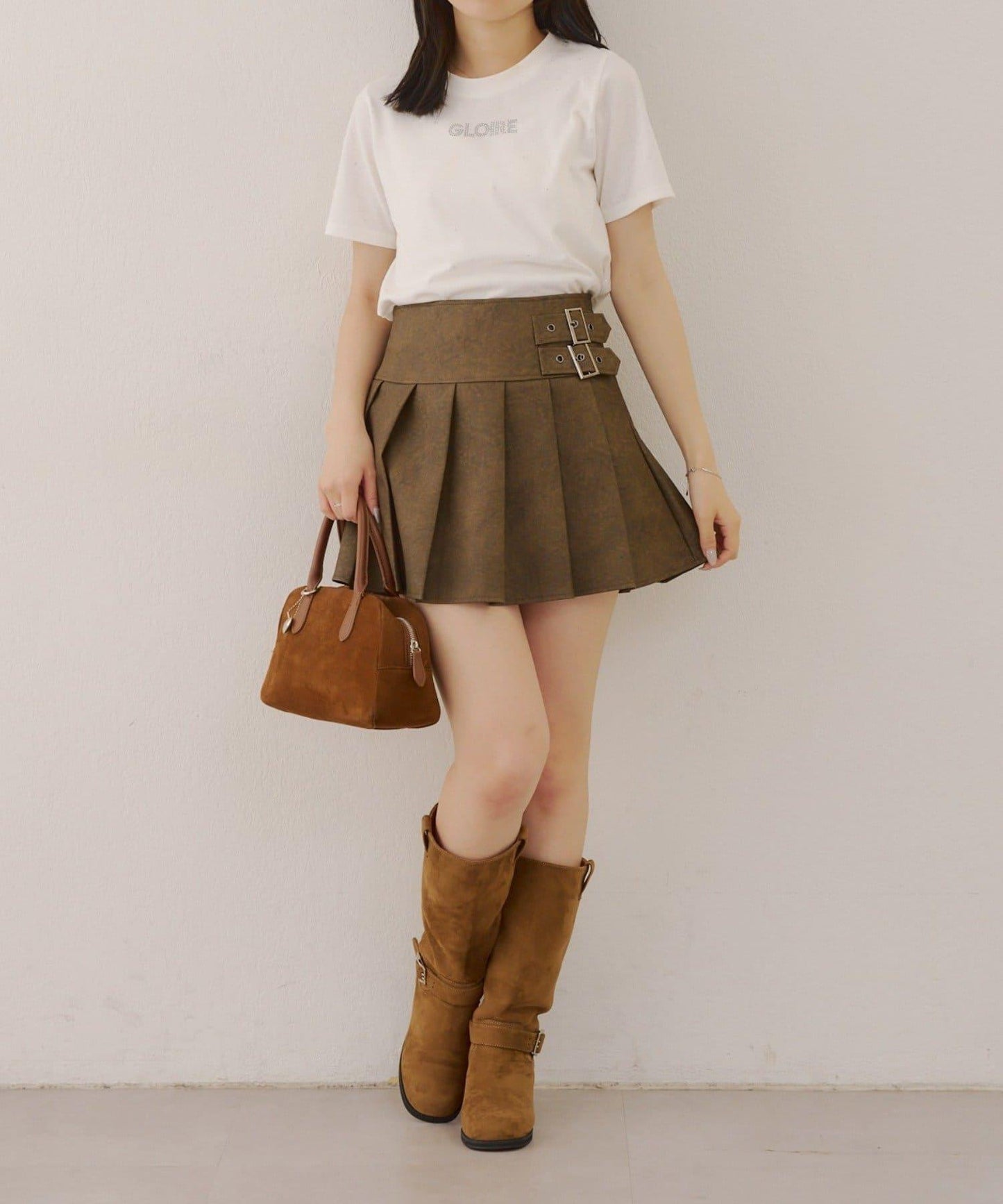 側邊腰帶仿皮迷你裙