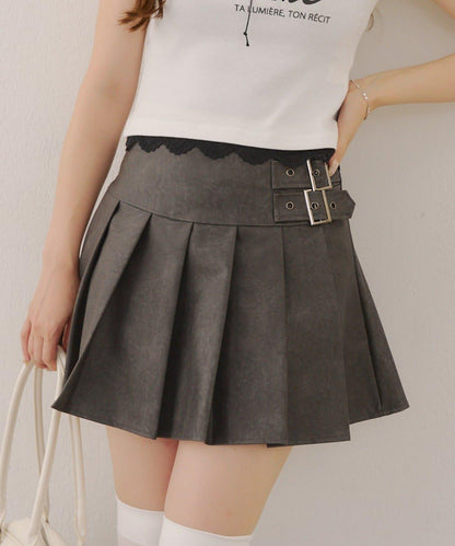 側邊腰帶仿皮迷你裙