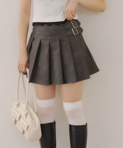 側邊腰帶仿皮迷你裙