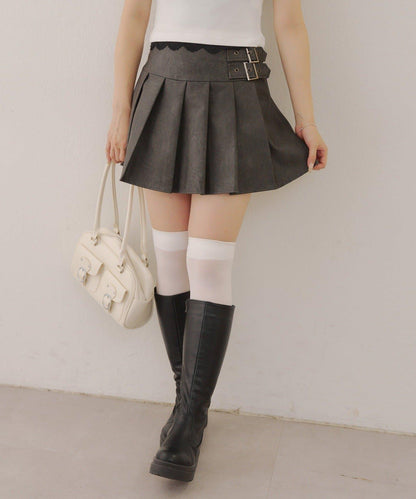 側邊腰帶仿皮迷你裙