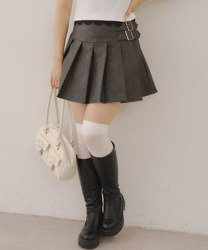 側邊腰帶仿皮迷你裙