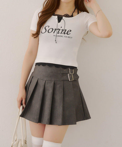 側邊腰帶仿皮迷你裙