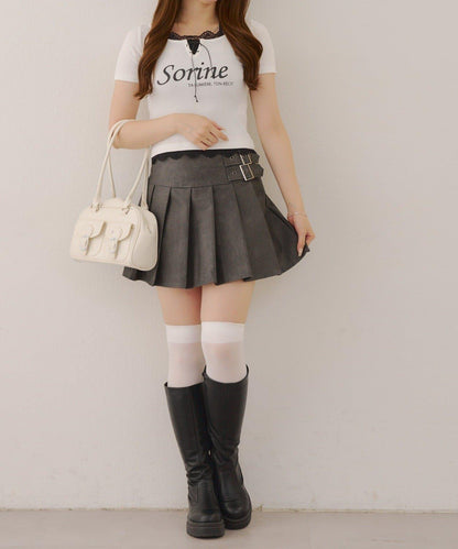 側邊腰帶仿皮迷你裙