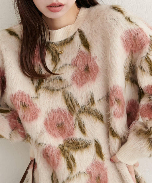 花卉圖案提花長絨針織套頭衫