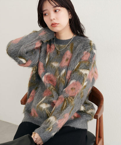 花卉圖案提花長絨針織套頭衫